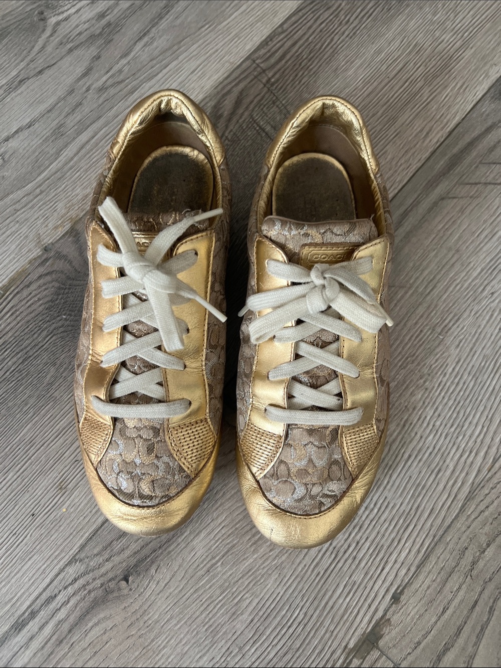 Coach Metallic Gold and Beige Logo Lace-Up Sneakers